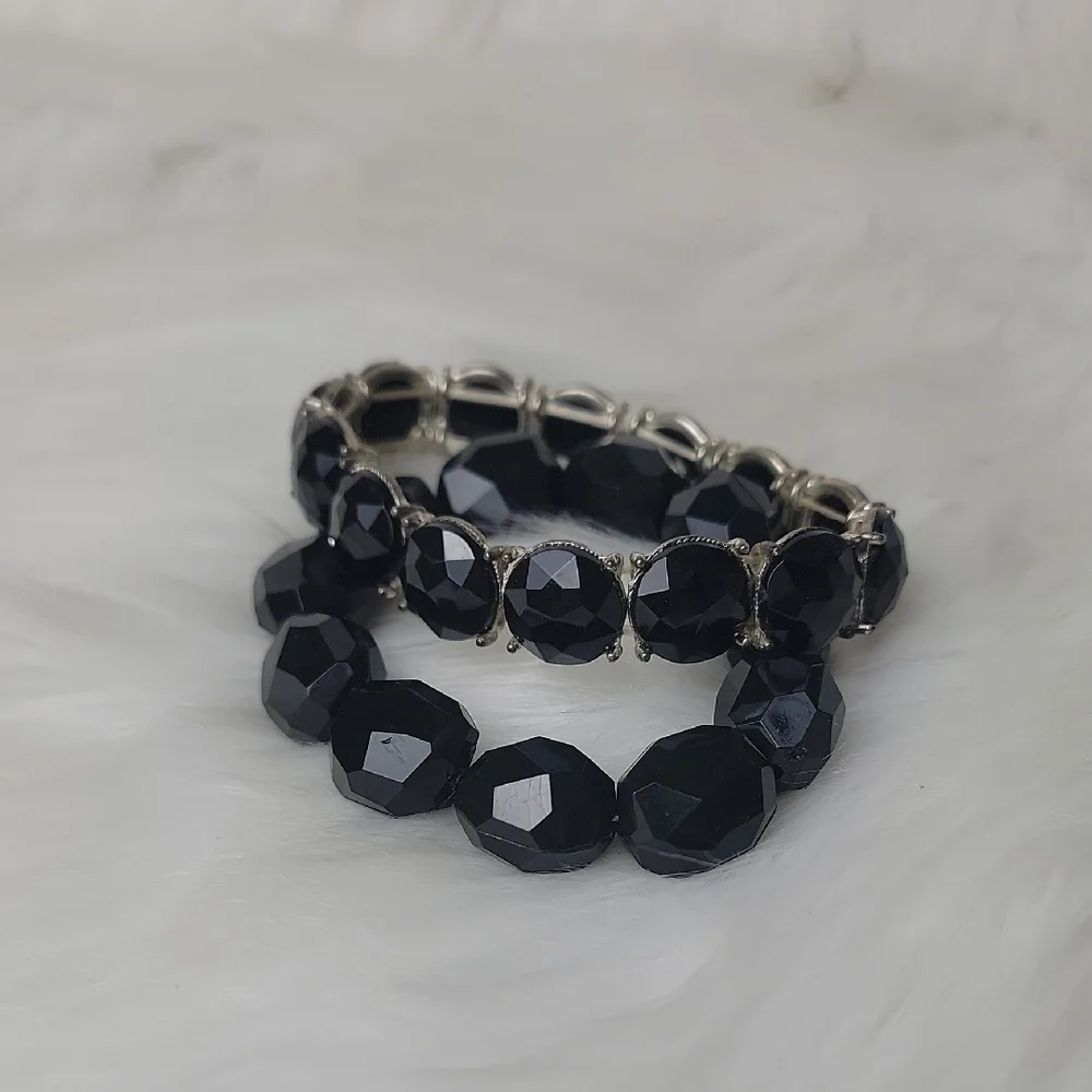 BLACK Silver Tone Faux‎ Stone Beaded Stretch Elastic Bundle of 2 Glam Bracelets